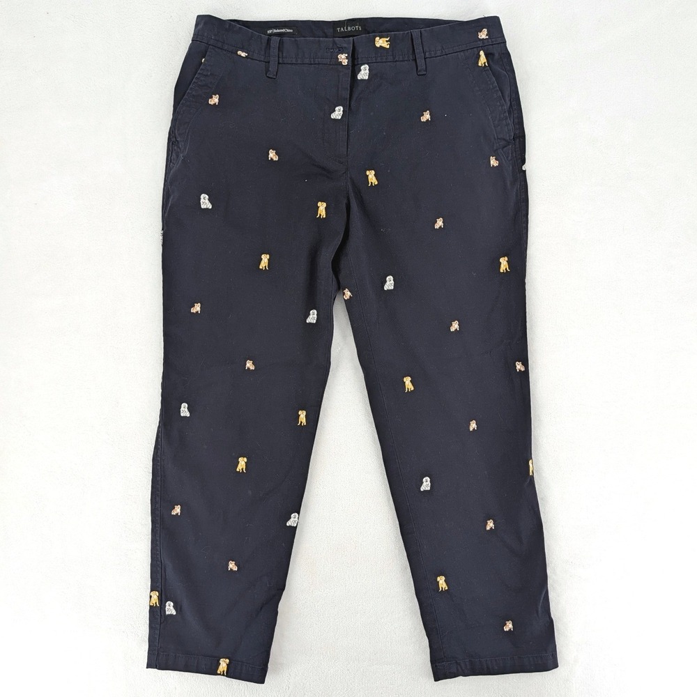 Talbots Relaxed Chino Navy Blue Embroidered Dog Puppy Motif Pants Size 10P